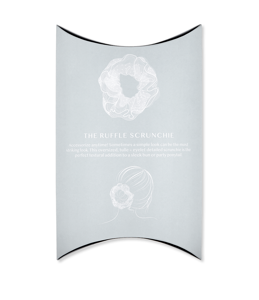 The Ruffle Scrunchie Image in White Back of box