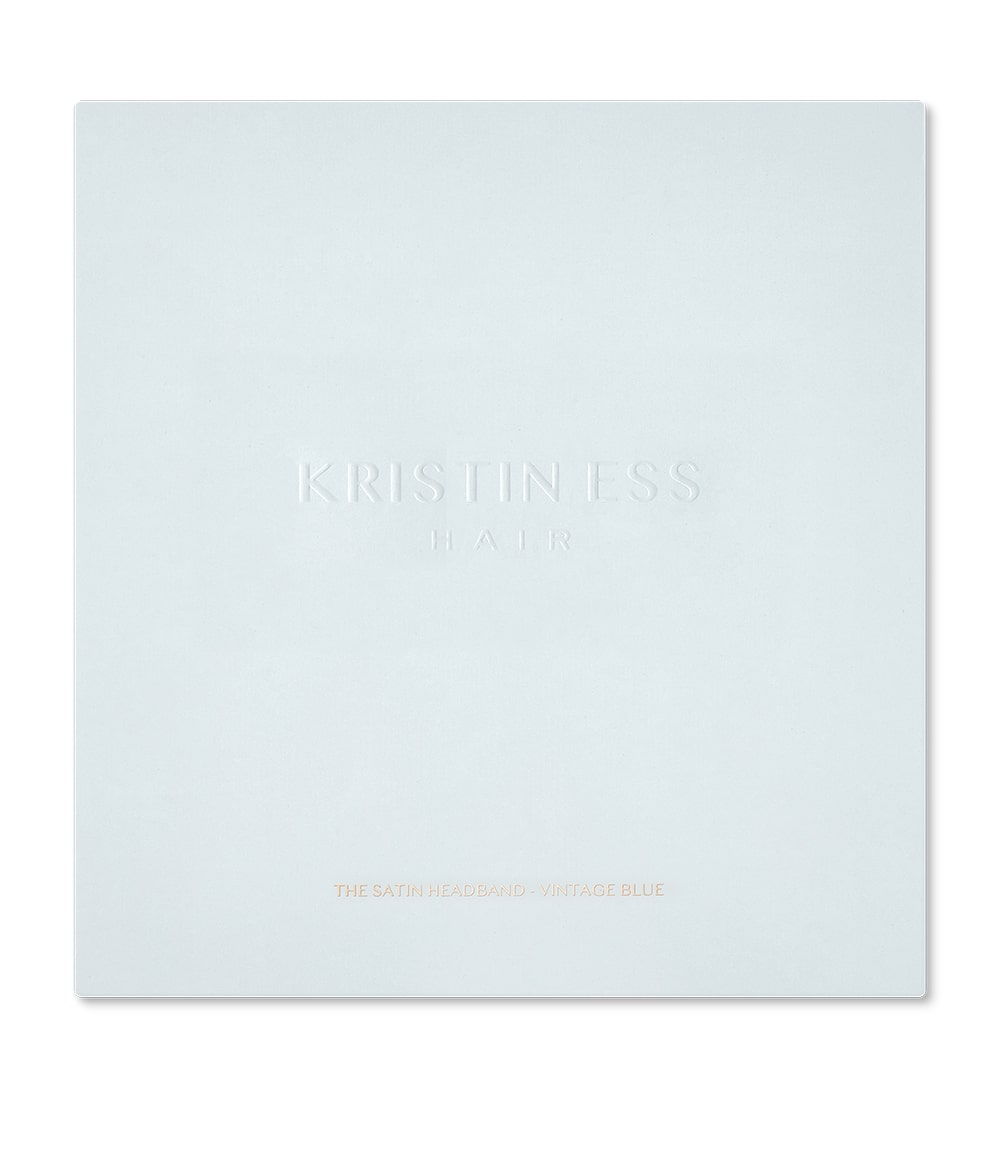 satin headband in vintage blue front of box  image